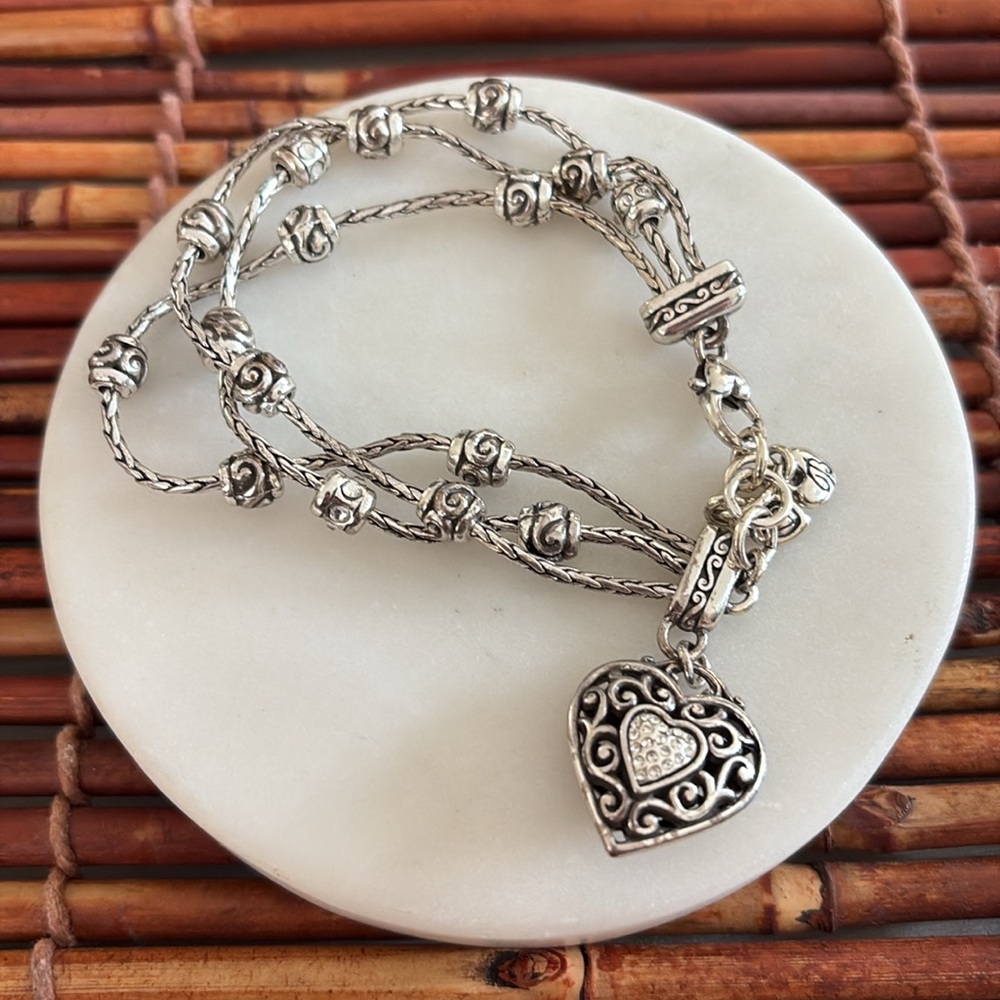 Brighton Three Strand Silver Heart Charm Bracelet with Crystal Accents